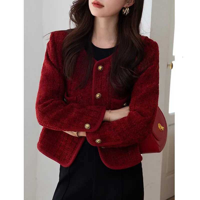 Lucyever Wine Red Tweed Coats Female 2025 Autumn Winter New Fashion Temperament Short Jacket Korean AllMatch ONeck Outerwear Z250918