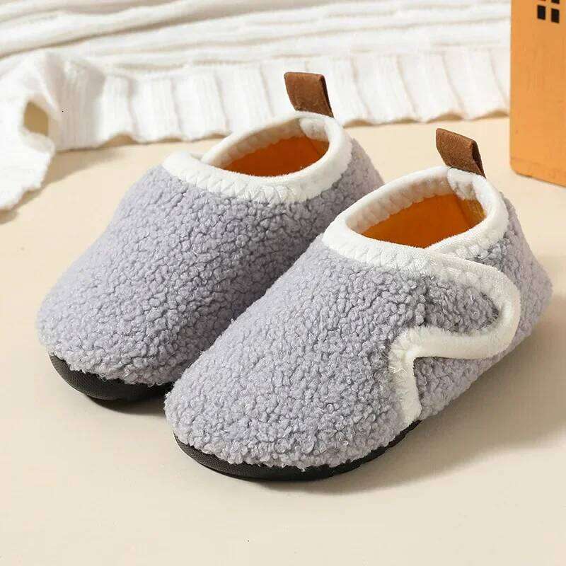 Pantuflas Child Slippers Solid Warm Kid Winter Home Boy Girl Plush Floor Indoor Soft Sole Anti-slip Cotton Shoe