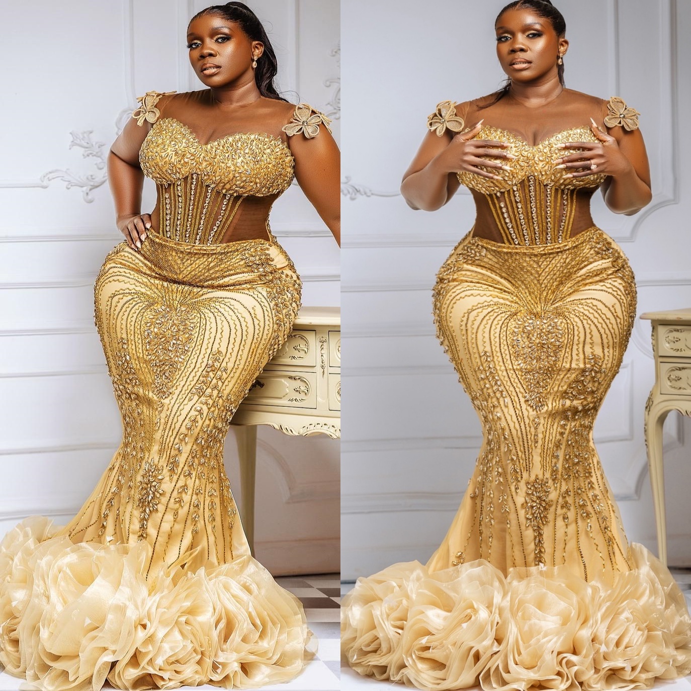 Mermaid Gold Prom Dresses 2025 Crystals Flowers Sheer Neck Sequined Evening Formal Party Second Birthday Engagement Gowns Plus Size Dress For Special 