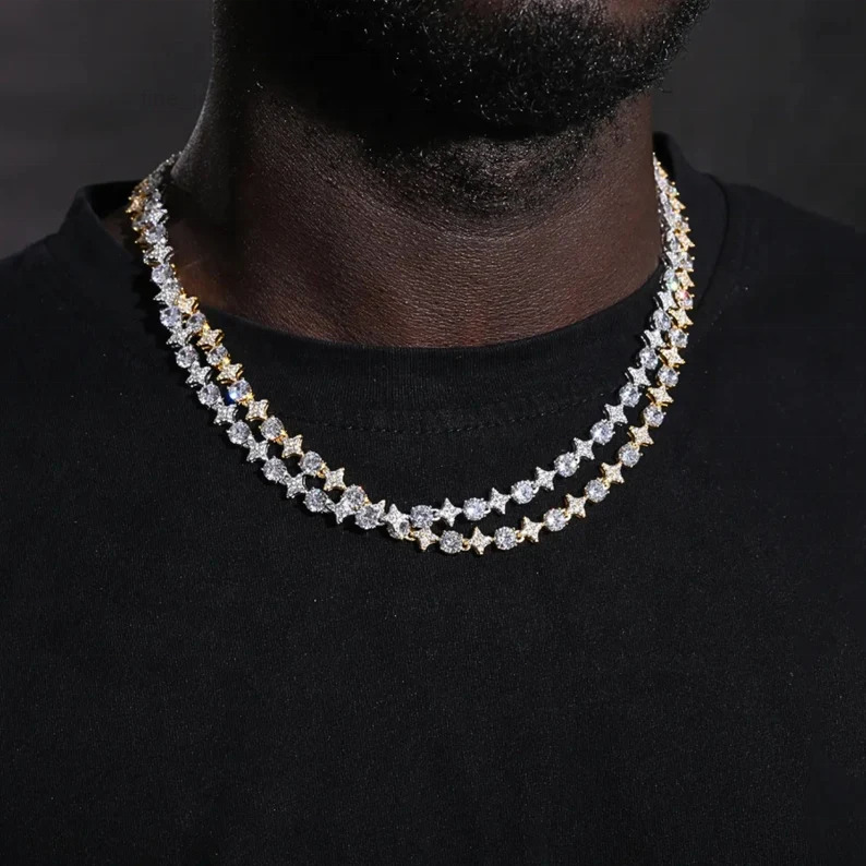 Hip Hop Jewelry Customized Trend 925 Sterling Silver Necklace Iced Out Classic 8MM Star Round VVS1 Moissanite Tennis Chain