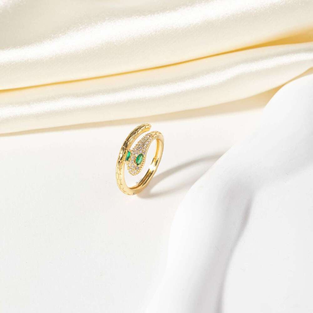 Light Luxury Micro Paved Zircon Personality Snake-Shaped for Women Copper Gold-Plated Adjustable Open Ring Jewelry