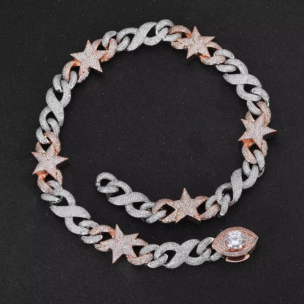 NUOYA Custom Full Pink Silver Star Pendant Necklace 20mm Heavy Miami Cuban Chain Necklace for Men Women