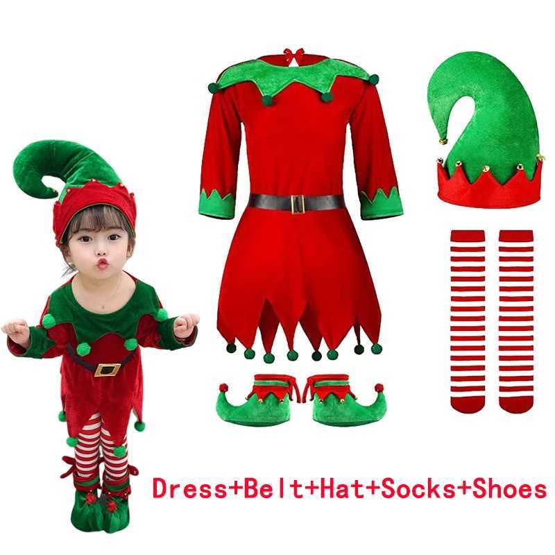 New Year Elf Costume for Kids Girl Red Green Santa Claus Suit Set with Hat Children Fancy Christmas Party Dress Set Performance L250918