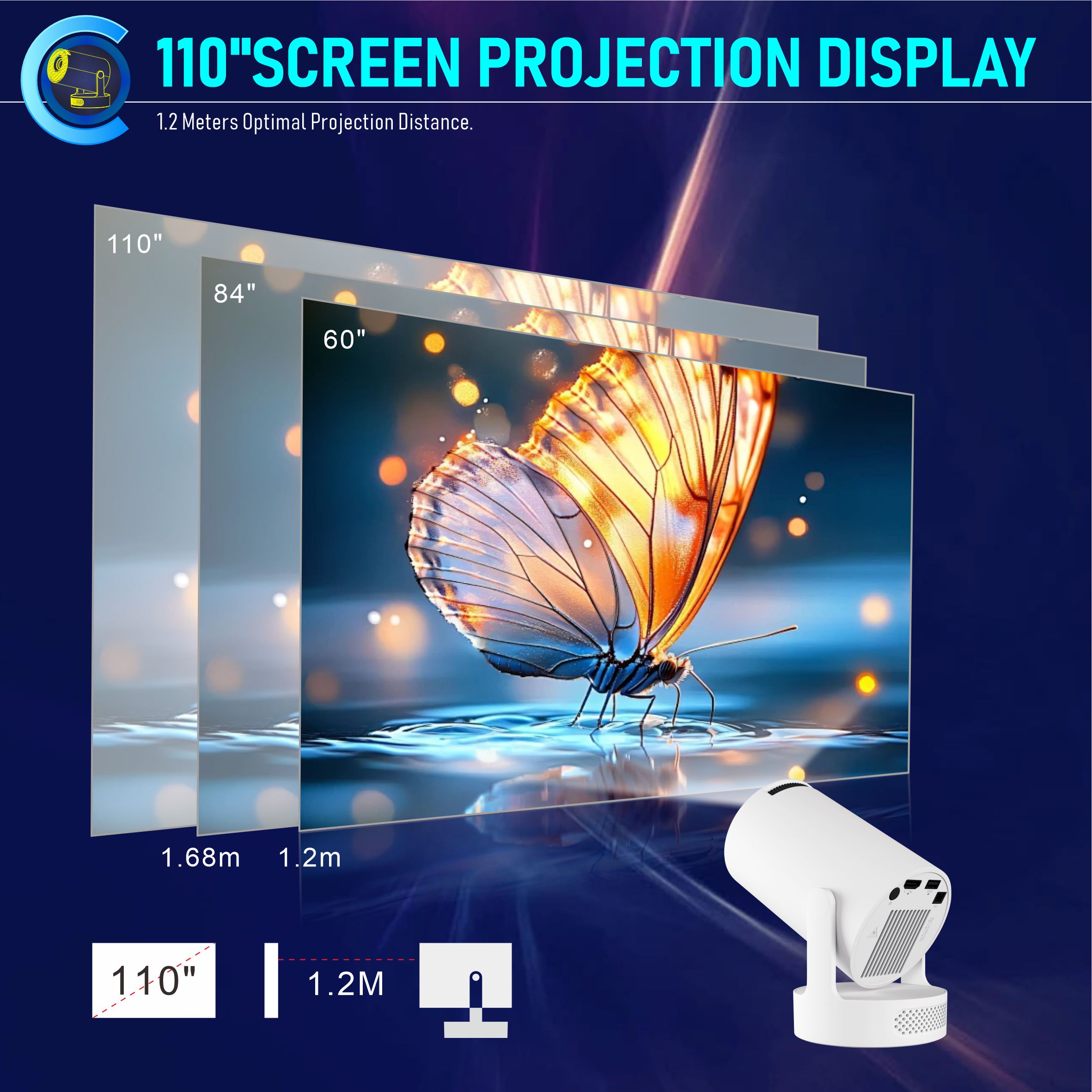 2025 Portable Projector BT 5.0 Android 11.0 With 2.4/5G 200 ANSI WiFi6, 180° Flip PK Android TV BOX 1280*720P 8GB Round Design Movie Projector 40"