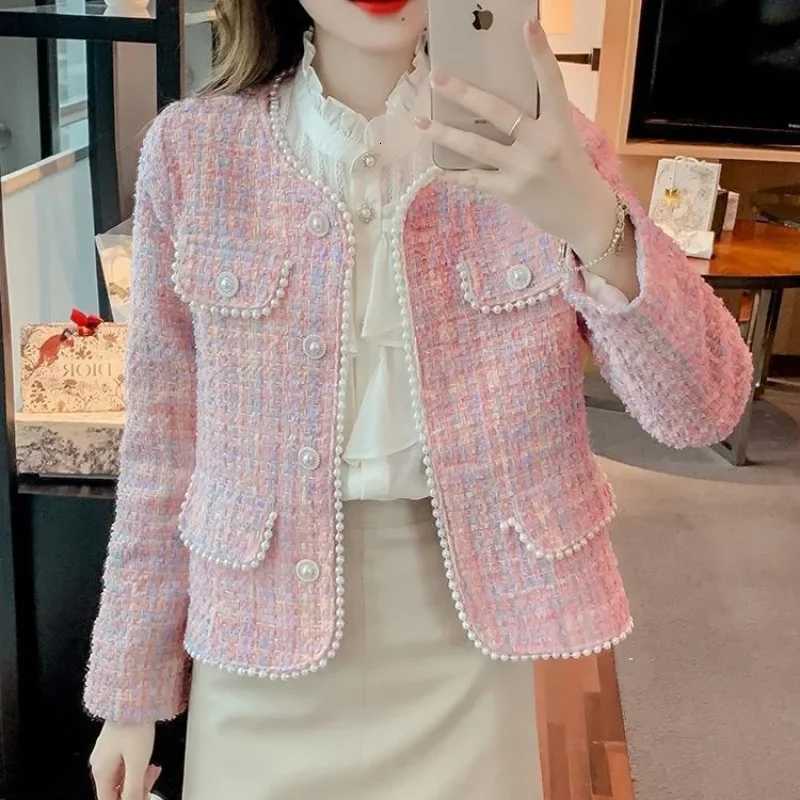 Womens Coarse Tweed Bead Jacket Office Lady Surcoat New Fashion Versatile Small Casual Top Elegant Little Fragrant Coat Z250918