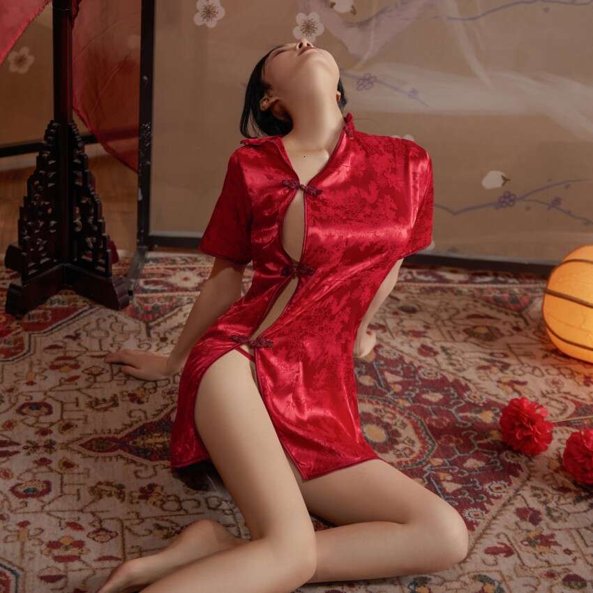 Sexy Side Open Satin Printed Cheongsam Pajamas Nightdress Passionate Women's Lingerie Temptation