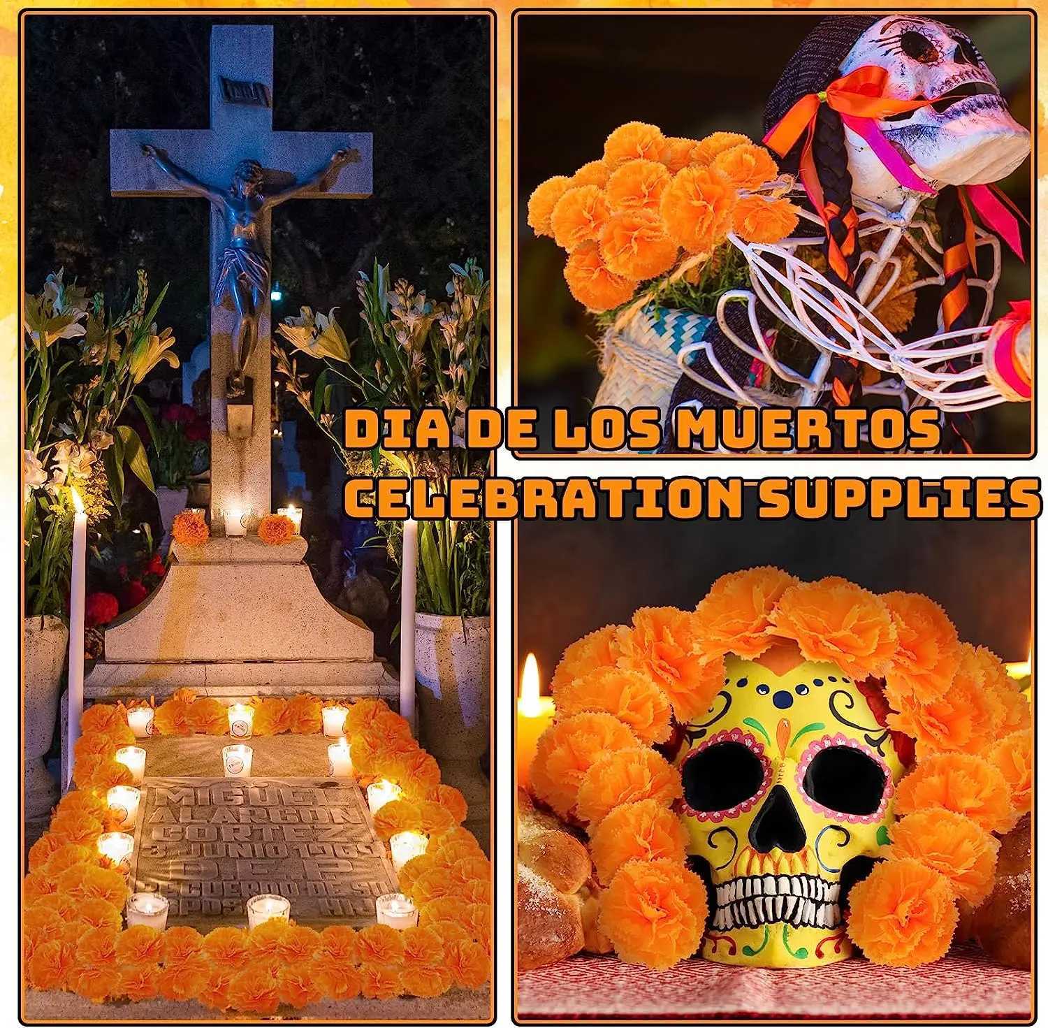 Yannew 100pcs Artificial Marigold Flowers Head Yellow Bulk Day of Dead Decoration for DIY Wreath Halloween Diwali Indian Decor C250919