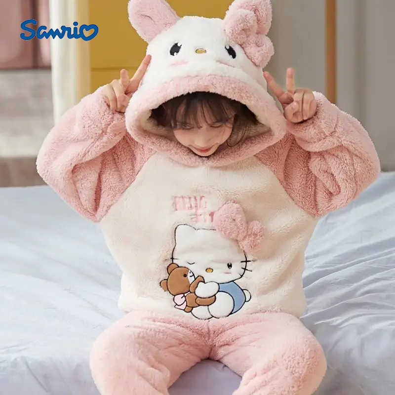 Sanrio Hello Kitty Girl Thickening Pajamas Winter Keep Warm Children Long Sleeves Pants Kawaii Anime New Style Household Clothes L250919