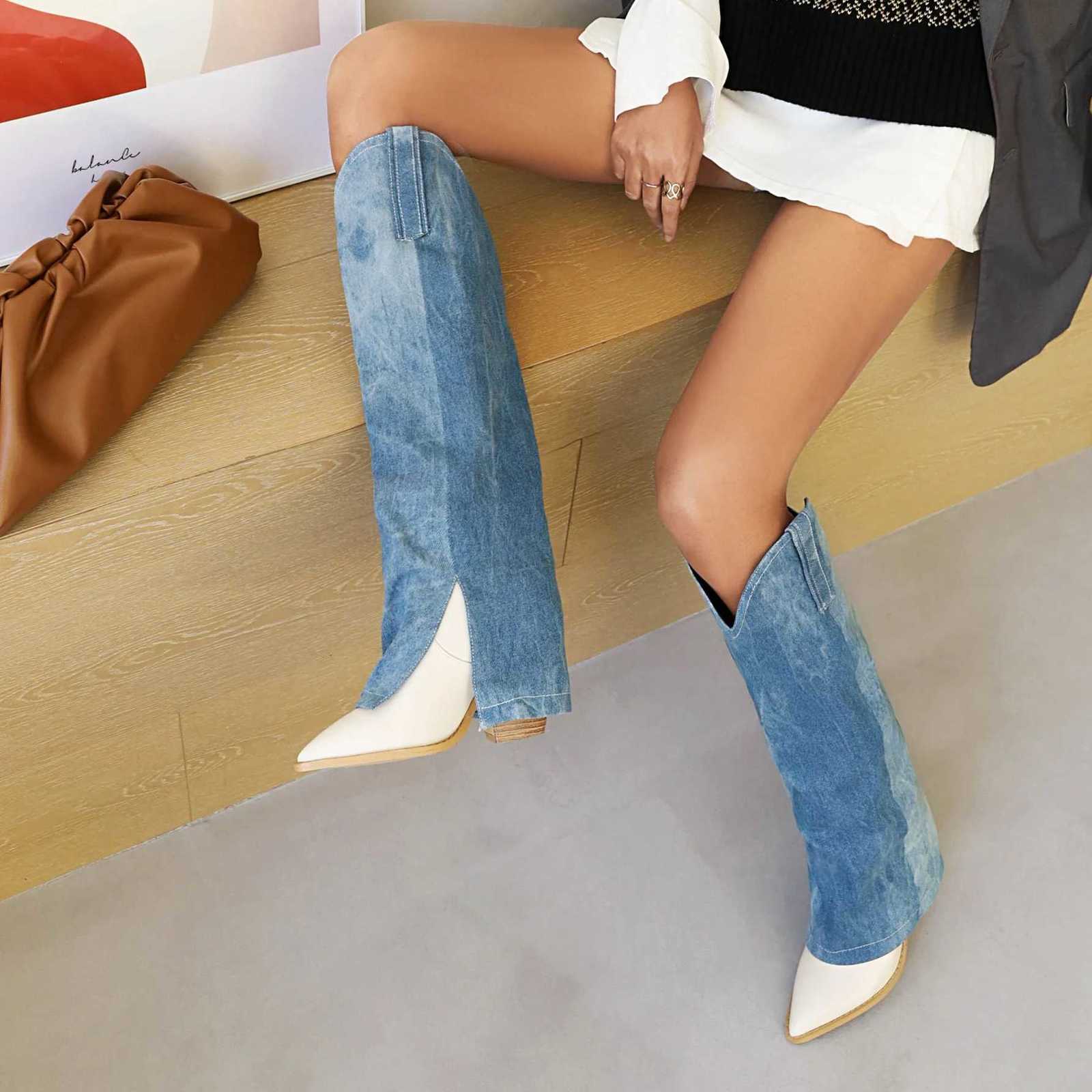 Denim Stitching Microfiber Womens KneeLength Boots Super High Wood Grain Thick Heel Pointed Toe Western Cowboy Style Long Boot W250919
