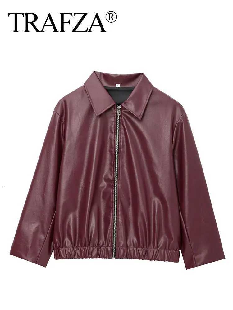 TRAFZA Wine Red Faux Leather Jakcet Fashion Outerwear Thicken Zipper Lapel Pu Coats Autumn Winter Streetwear Ladies Tops Women Z250918