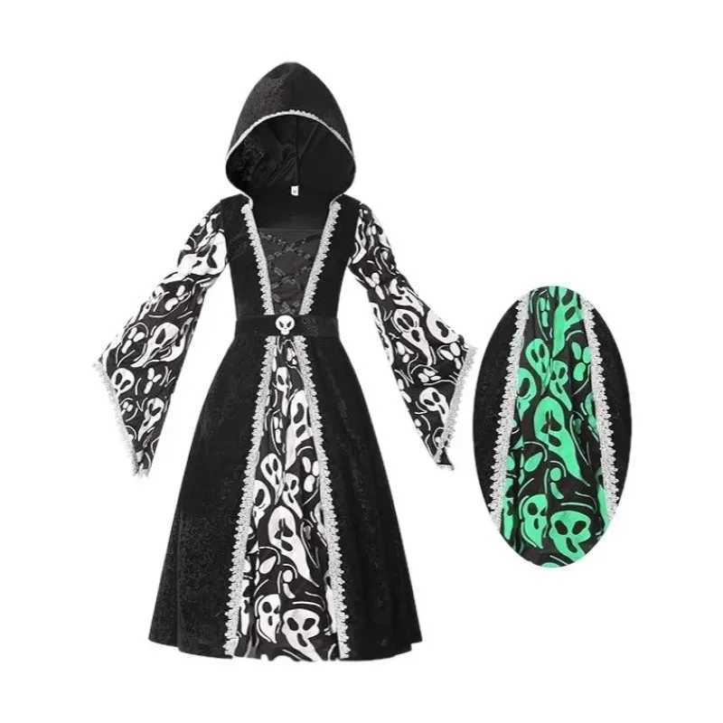 Halloween Witch Kids Cosplay Costume Black Dark Print Luminous Dress Children Girls Dress Up Masquerade Role Play Suit L250918