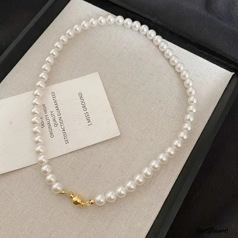 Australian White Magnetic Clasp Perfect Round Pearl Necklace 2024 New Style Layered Collarbone Chain Light Elegant Jewelry ddmyfriend ddmyfriend