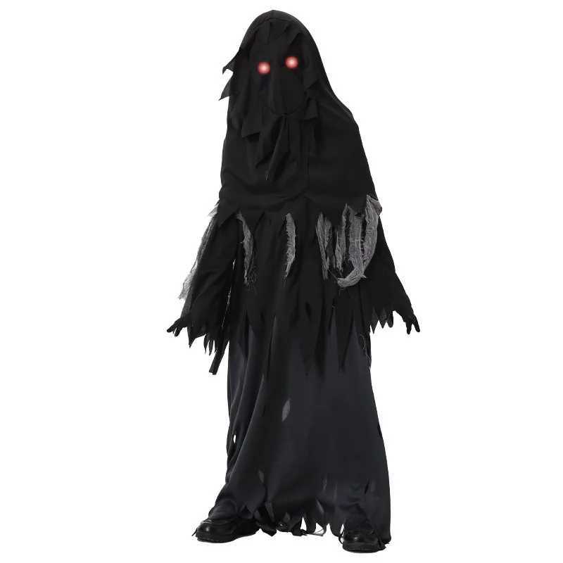 Halloween Children Cosplay Costume Torn Cloth Ghost Long Black Robe Red Glasses Sickle Pumpkin Bag Suit Terror Roleplay Outfits L250918