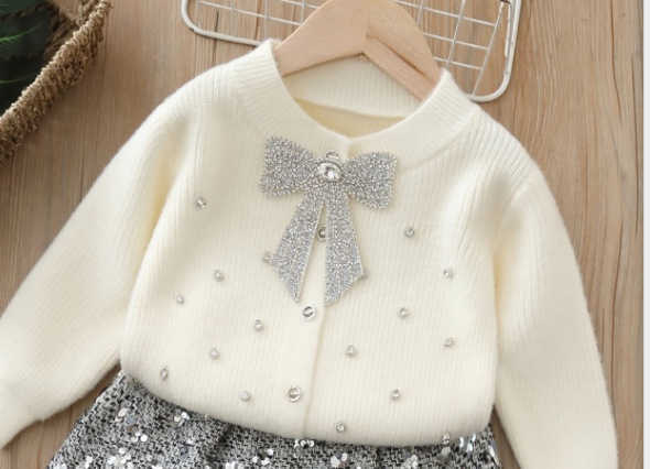 Childrens Sweater Twopiece Set for Girls Knitted Outfit with Skirt Sequin Bow Cardigan Long Sleeve H250919