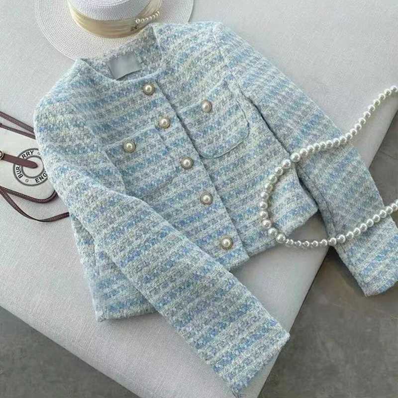 Fashion Weaving Tweed Jacket Women Korean Elegant Pearl Buttons O Neck Crop Coats Y2K Autumn Office Lady All Match Outwear New Z250918