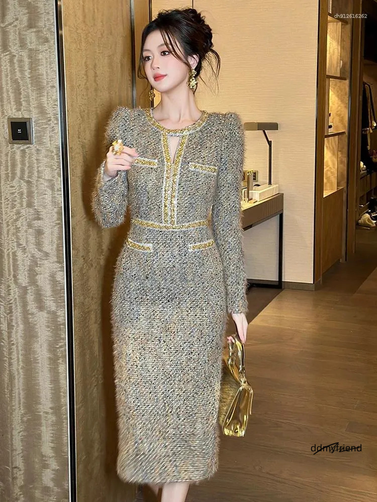 Two Piece Dress Women Clothes Vintage Tweed Hollow Sexy O-Neck Slim Midi Pencil Elegant Fashion Evening Party Vestidos Formal Ocn ddmyfriend