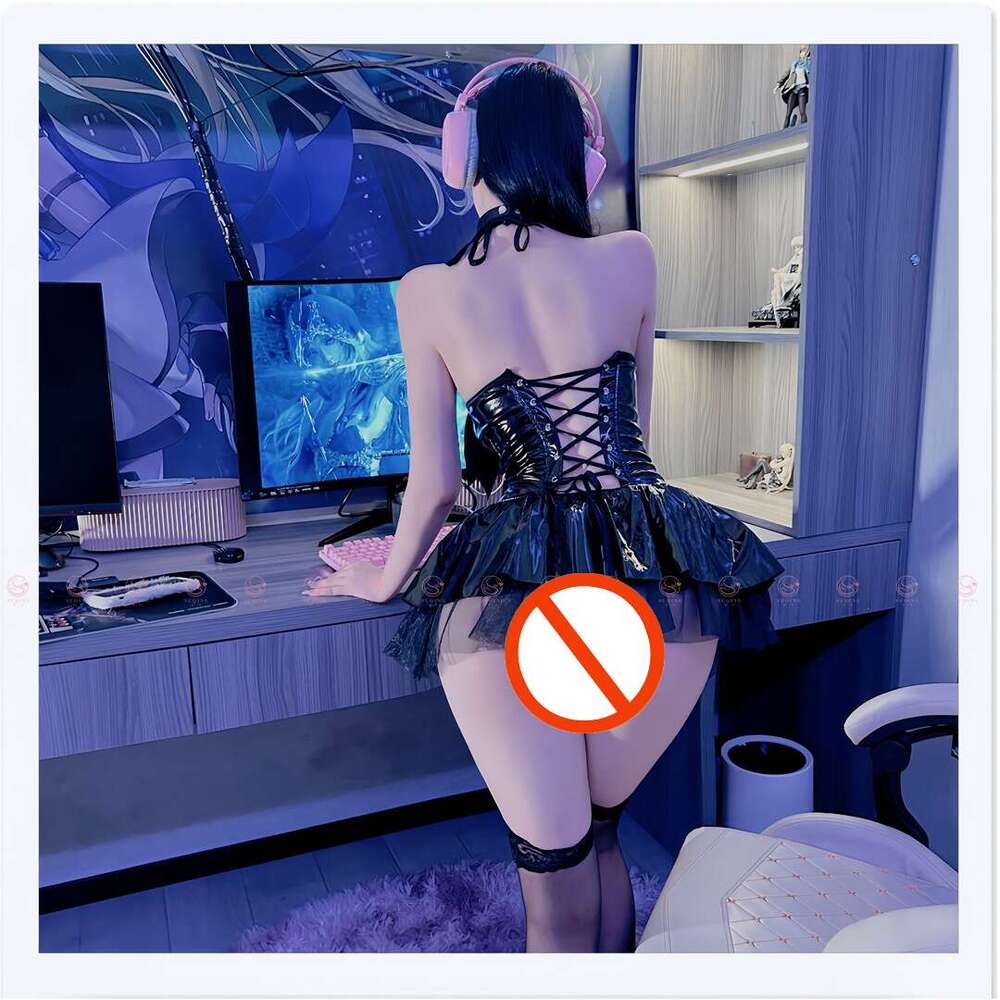 Sexy Little Devil Glossy PU Halter Strap Transparent Short Skirt Set Succubus COS Uniform Women's Clothing