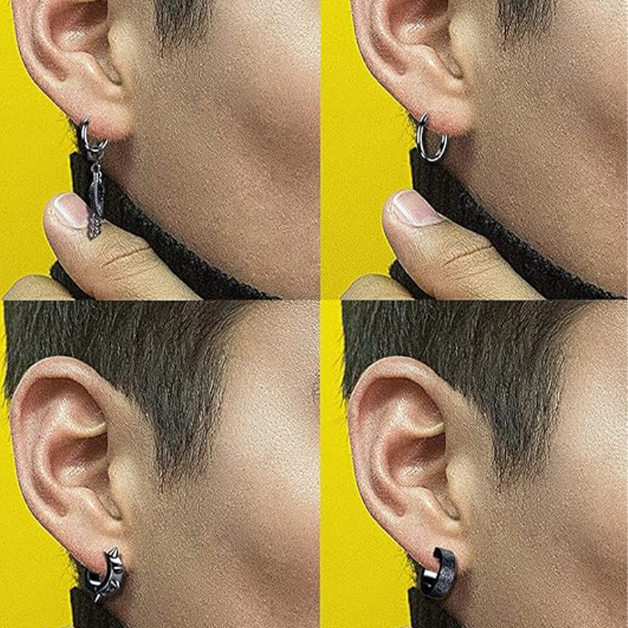 12 Pairs Magnetic Stud Earrings Stainless Steel CZ Hoop Punk Feather Dangle Hinged Non-Piercing Earrings Clip on Magnet Earring Set for Women Men Blac