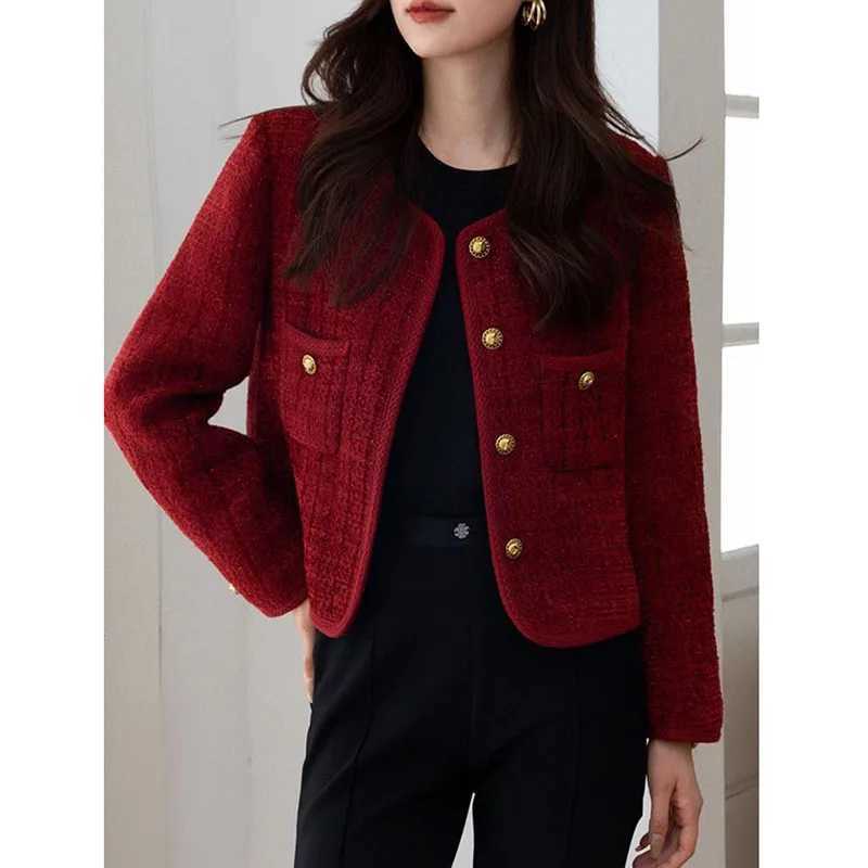 Lucyever Wine Red Tweed Coats Female 2025 Autumn Winter New Fashion Temperament Short Jacket Korean AllMatch ONeck Outerwear Z250918