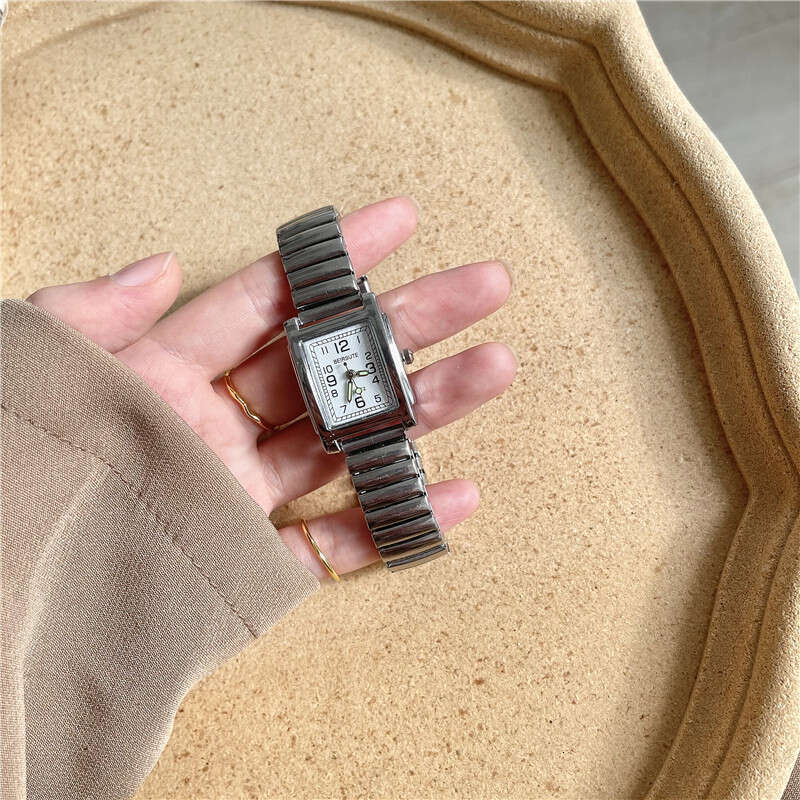 Silver Designer Bracelet for with Elastic Steel Spring Band Luminous Numbers Square Shape Student Metal Chain Watch