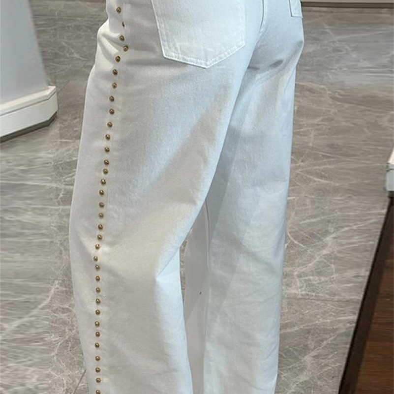 Street Bead White Jean Women Chic Baggy Wide Leg Straight Pocket Zipper Denim Long Pants 2025 Spring Casual Commute Lady Trouser Z260313
