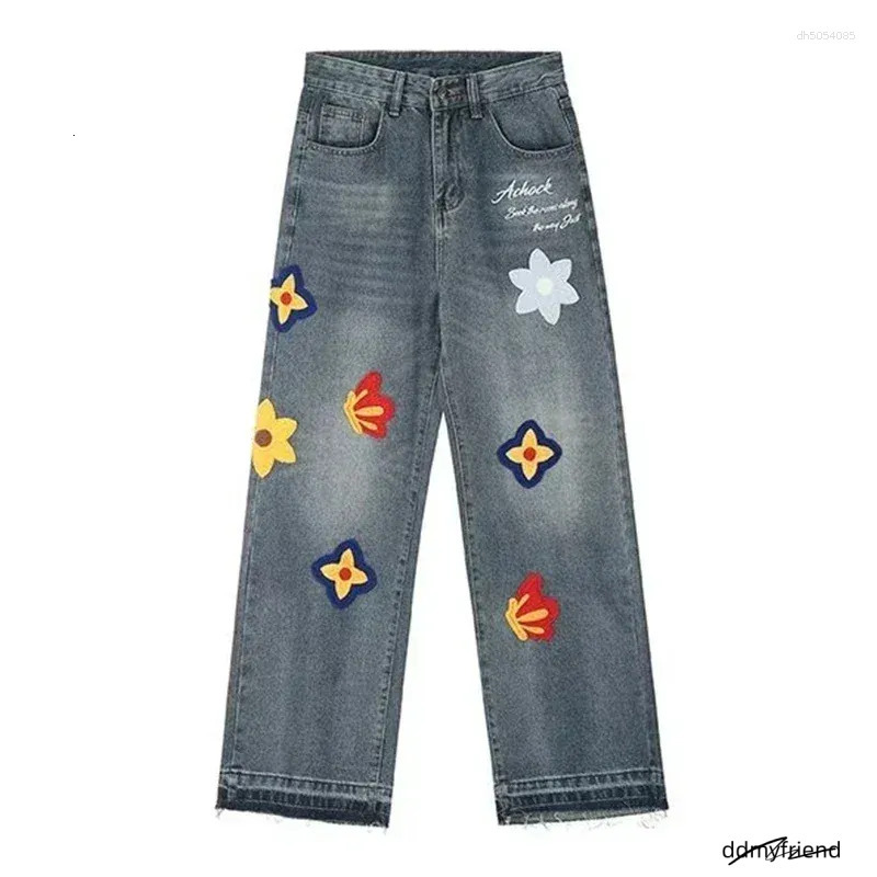 Men's Hoodies Autumn Flower Embroidery Jeans Hip Hop Fashion Baggy Denim Trousers Women's Vintage Streetwear Blue Straight Jean ddmyfriend
