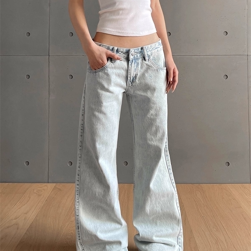 y2k Vintage Women Low Waist Zipper Button Solid Trousers with Pockets Aesthetic Streetwear Washed Jeans Z260313