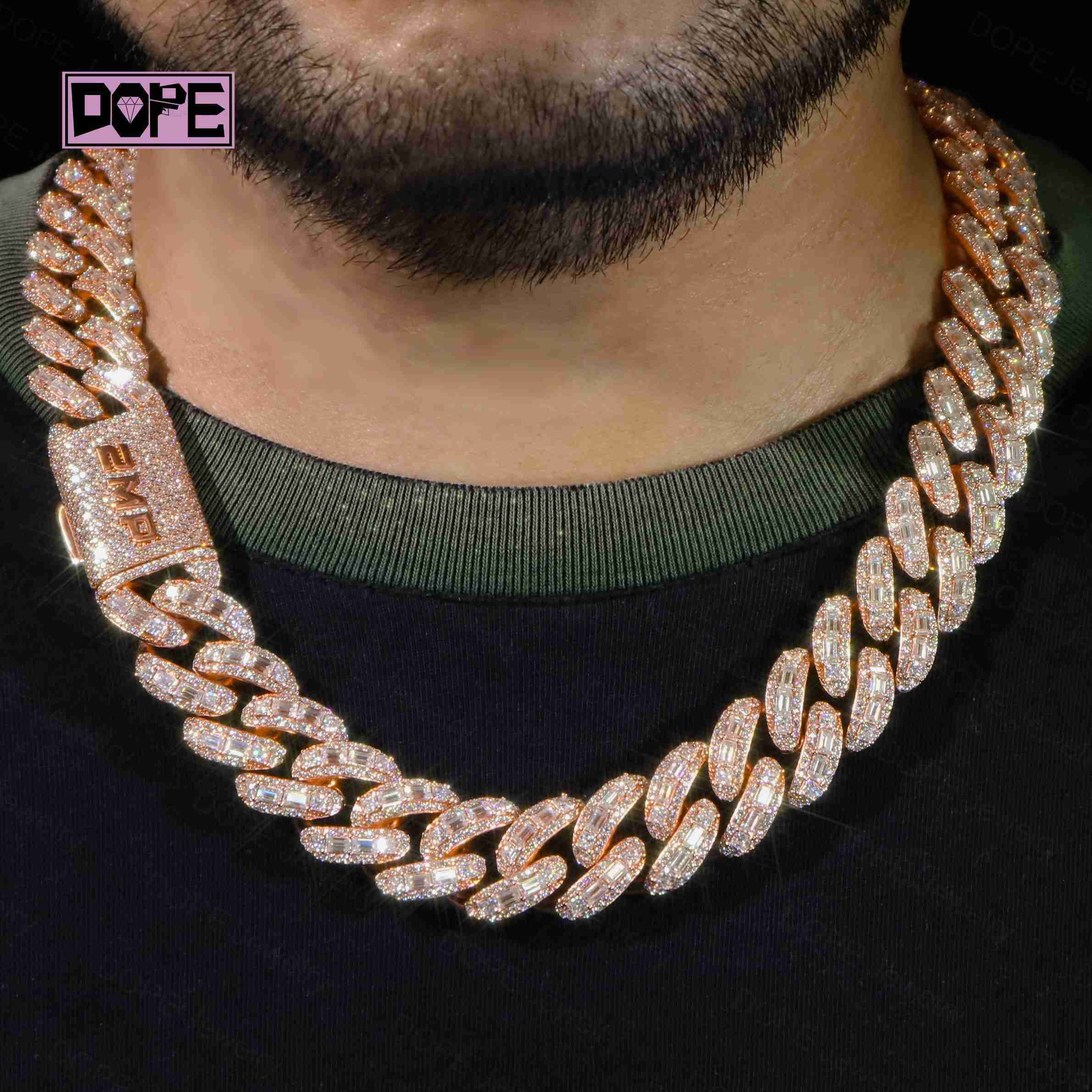 20mm Moissanite Chain 925 Silver Inner Baguette Rose Gold Plated Hiphop VVS Miami Moissanite Cuban Chain