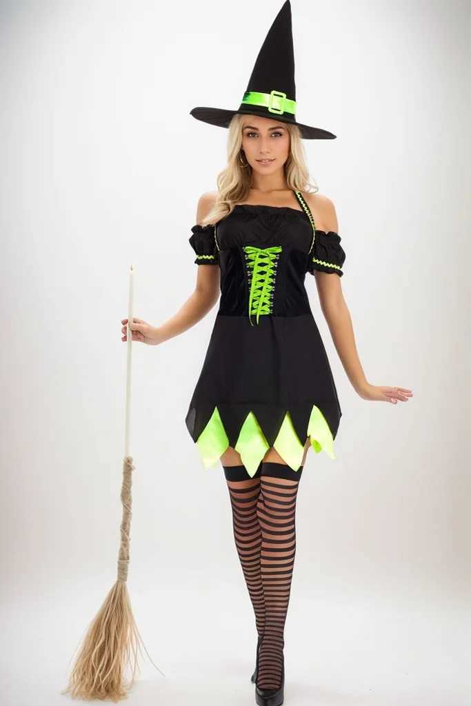 Women Witch Costume Holly Dark Witch Costume With Black and Green Dress and Hat For Halloween And Party L250918