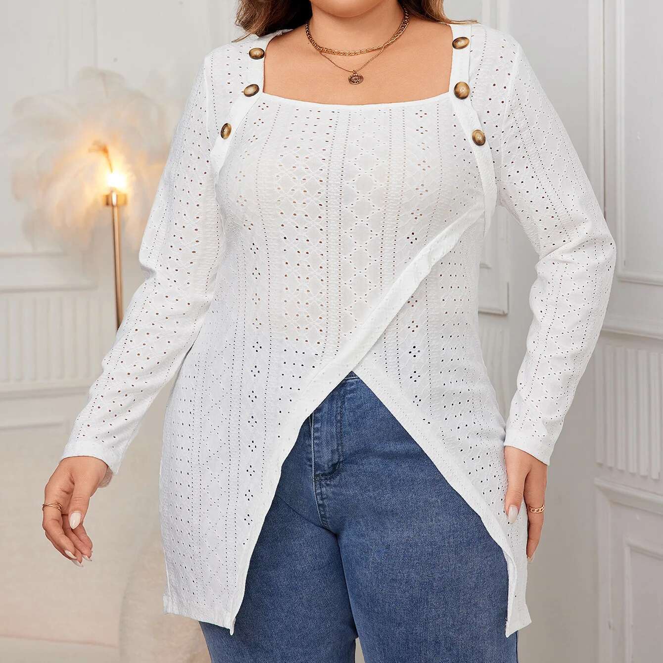 White Long-Sleeve Square-Neck Blouse Lace-Up Asymmetrical Hem Loose Fit Plus Size Shirt