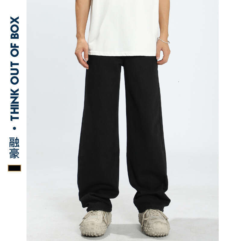 American Style Loose Coconut Tree Embroidery Jeans Men High Street Casual Casual Wide Leg Black Straight-Leg Pants B5