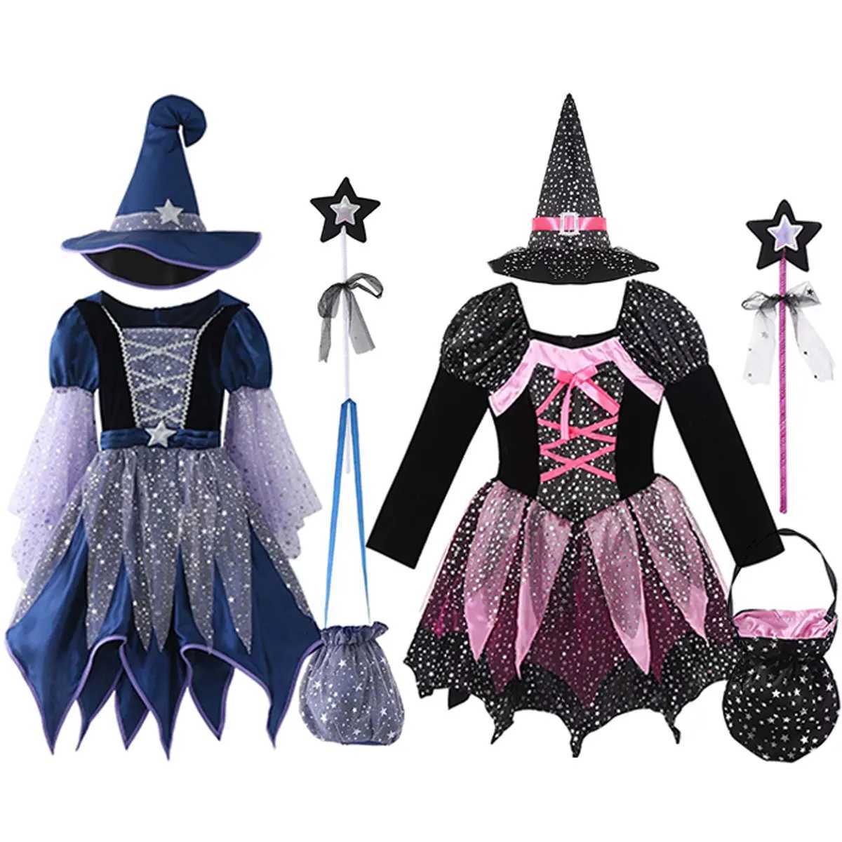 2025 Classic Halloween Festive Dress Girls Cosplay Pink Cute Short Sleeve Witch Vampire Cute Dress Hat Magic Stick Bag Set L250918