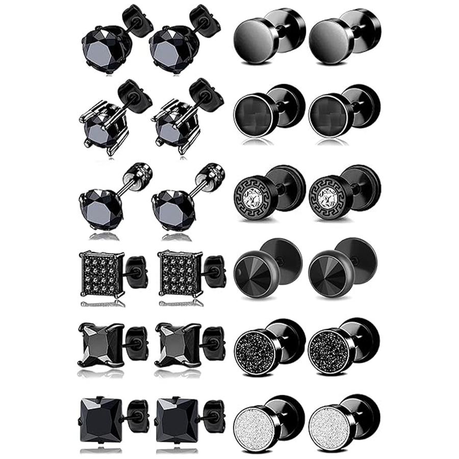 12 Pairs Stainless Steel Stud Earrings Cubic Zirconia Cartilage Barbell Earring Set for Men Women Black Tone 8mm