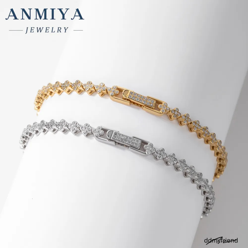 Sier Fashion Charm Inlaid Four Leaf Zirconia Tennis Chain Clover Waterproof Bracelet For Women ddmyfriend