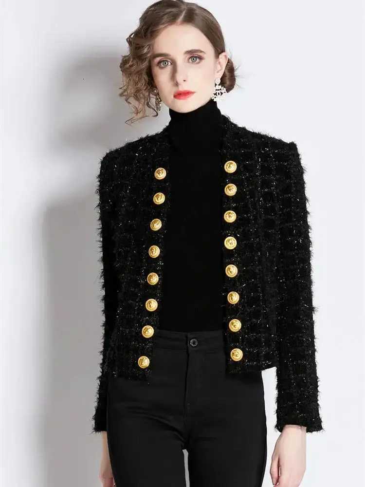 Women Black Tweed Short Cardigan Slim Outwear Jacket Top Autumn Winter New Metal Double Breasted Tassel Bright Silk Wool Coat Z250918