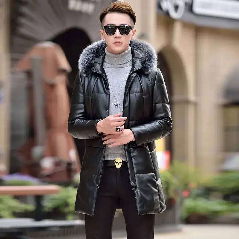Puffer Men High Quality Winter Leather Down Jacket Man Sier Fox Fur Collar Korean Medium Long Slim Fit Sheepskin Coat