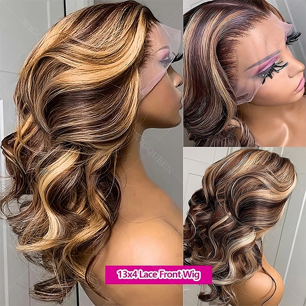 4/27 Balayage Blonde Highlight 13x6 Glueless Wigs Wear And Go Body Wave Human Hair Wig High Density 13x4 HD Mixed Color Lace Frontal Wig