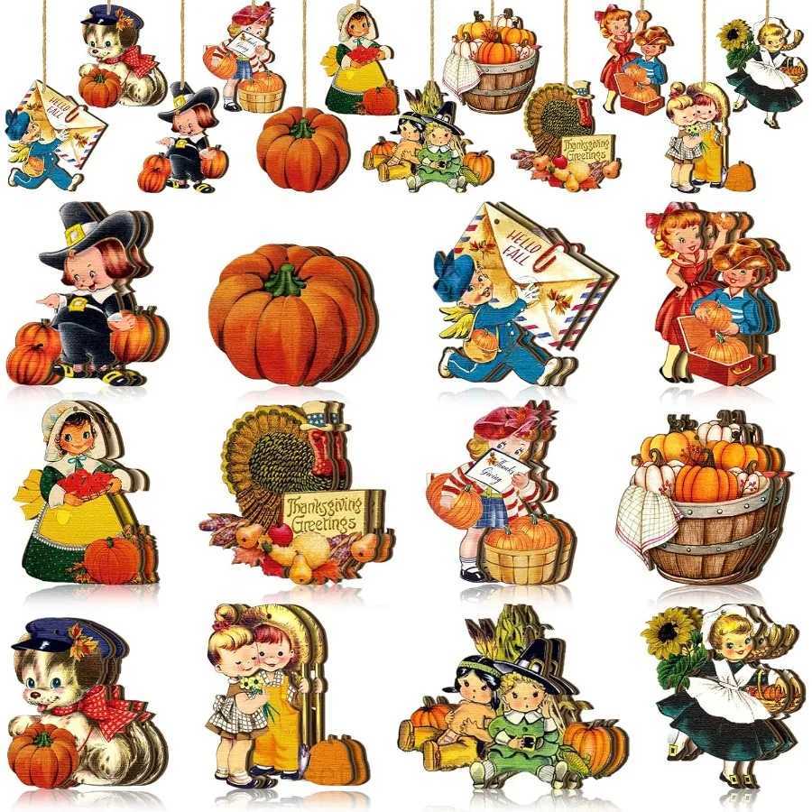 24 Pcs Vintage Fall Wooden Ornaments for Tree Decorations Thanksgiving Harvest Hanging Ornament Autumn Pumpkin Turkey Su C250919