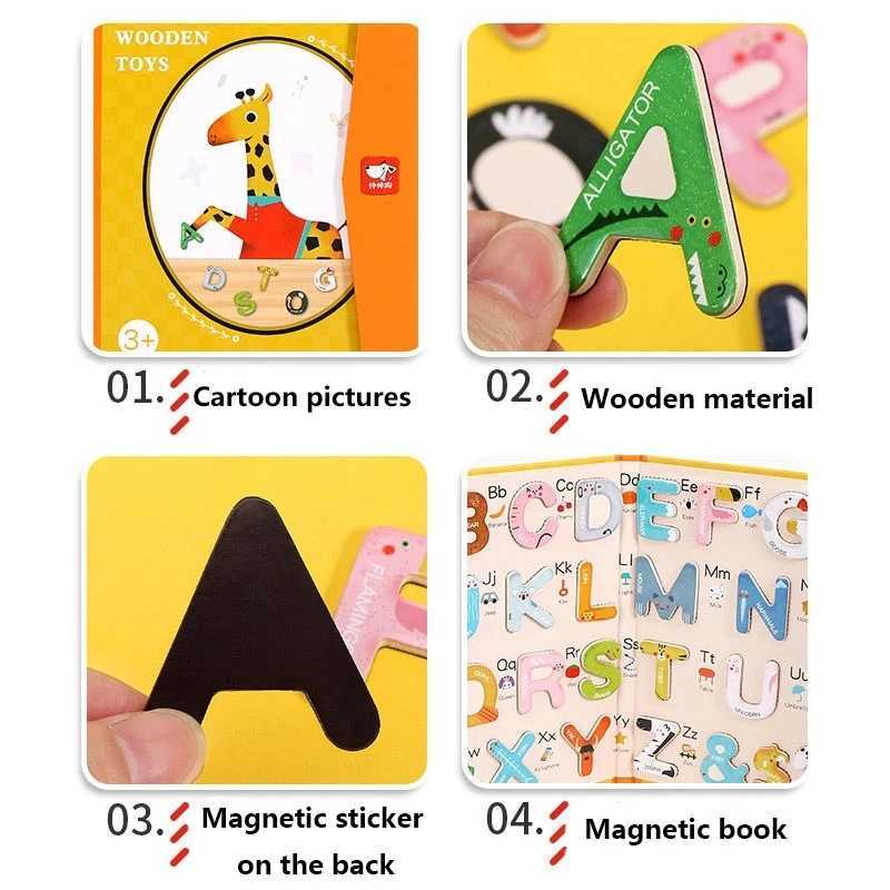 Montessori Wooden 26Pcs Magnetic English Letters Board Game Alphabets Languages Learning Book Educational Toy for Children Gifts C251204