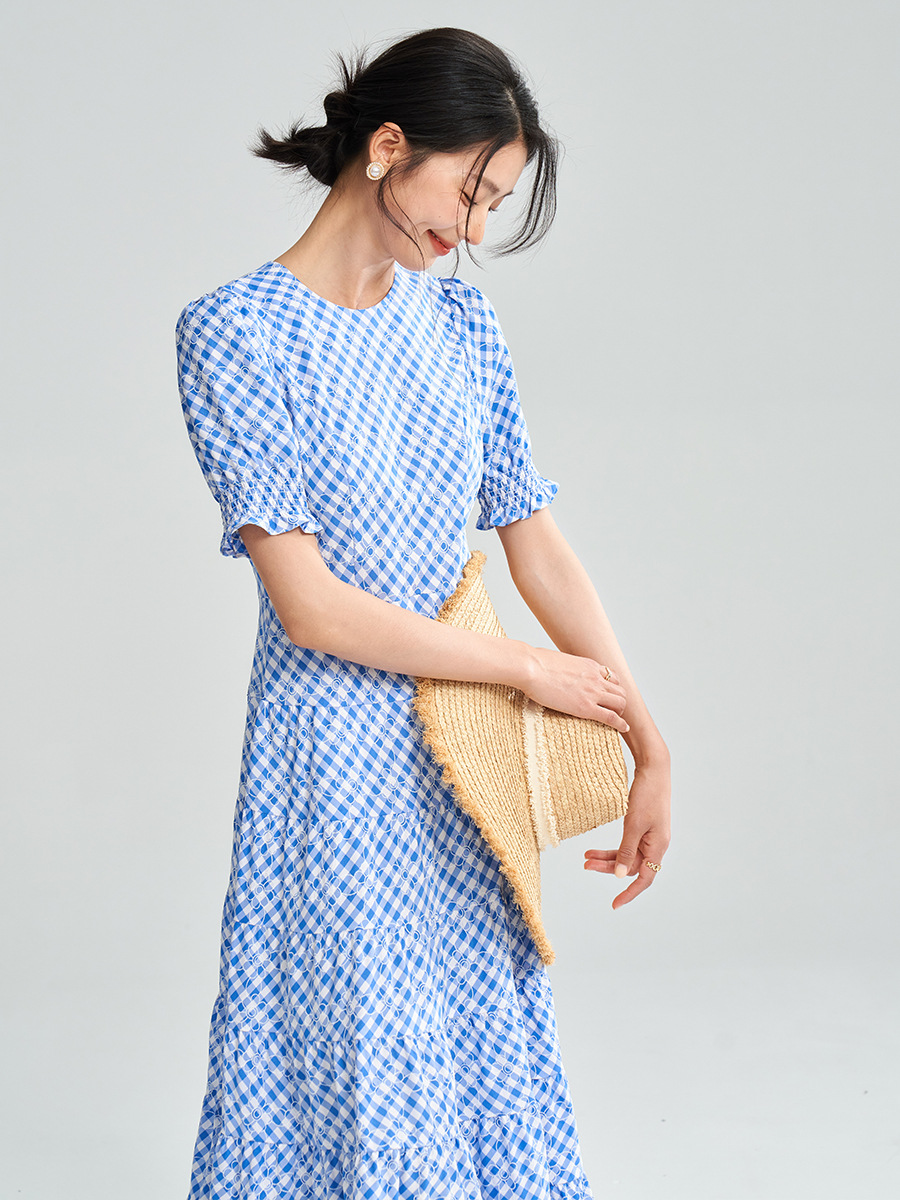 L17565 Summer new blue and white plaid temperament waist dress female design short sleeve dress
