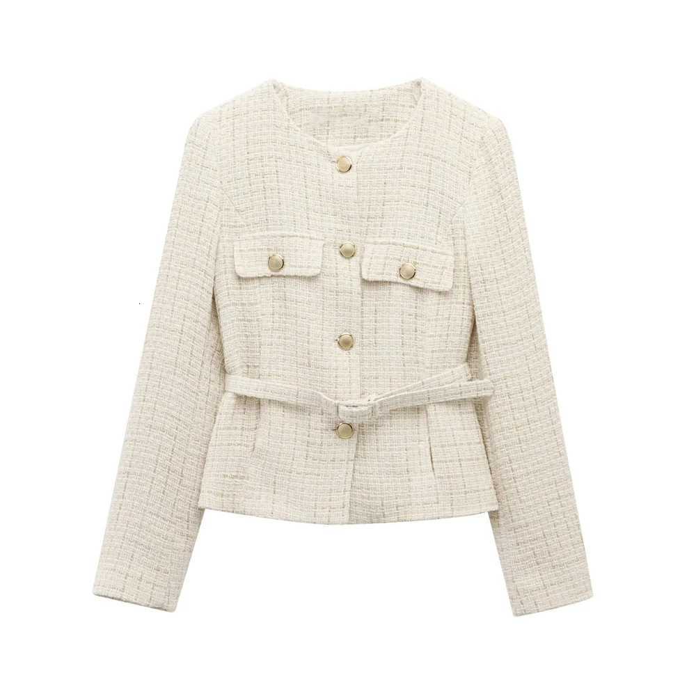 PBZA 2025 Women Beige Tweed Jacket with Gold Buttons and Belt Long Sleeves and Front Pockets for Sale on Z250918