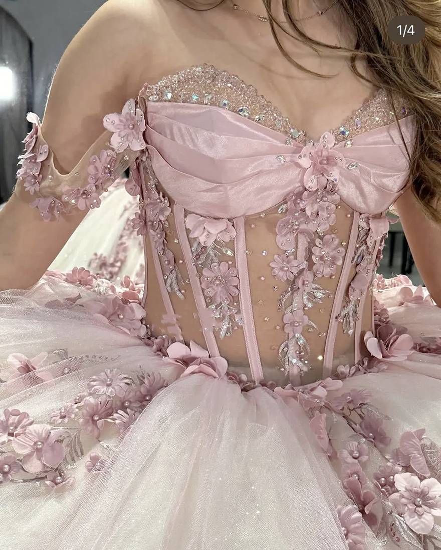 3D Floral Appliques Princess Quinceanera Dresses Pearls Crystals Beaded Off Shoulder Ball Gown Light Pink Sweet 16 Dress Corset Lace-Up Special Occasi