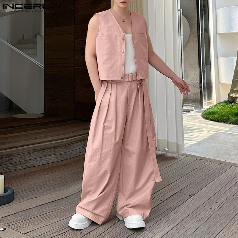 Men Sets Solid Color V Neck Sleeveless Vests Pleated Pants Two Pieces Sets Streetwear Loose 2025 Mens Casual Suits INCERUN 250916