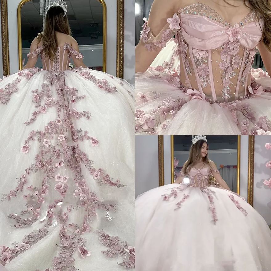 3D Floral Appliques Princess Quinceanera Dresses Pearls Crystals Beaded Off Shoulder Ball Gown Light Pink Sweet 16 Dress Corset Lace-Up Special Occasi