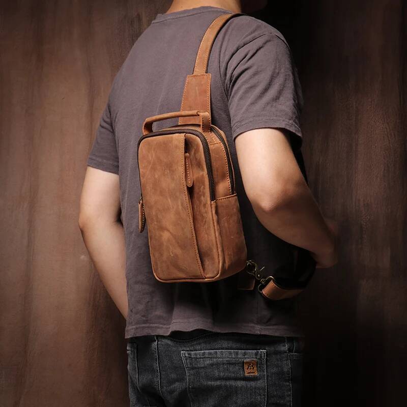 GURO Men's Higher Quality Chest Pack Vintage Genuine Leather Travel Sling Bag Male satchel Crazy Horse Cowhide Crossbody