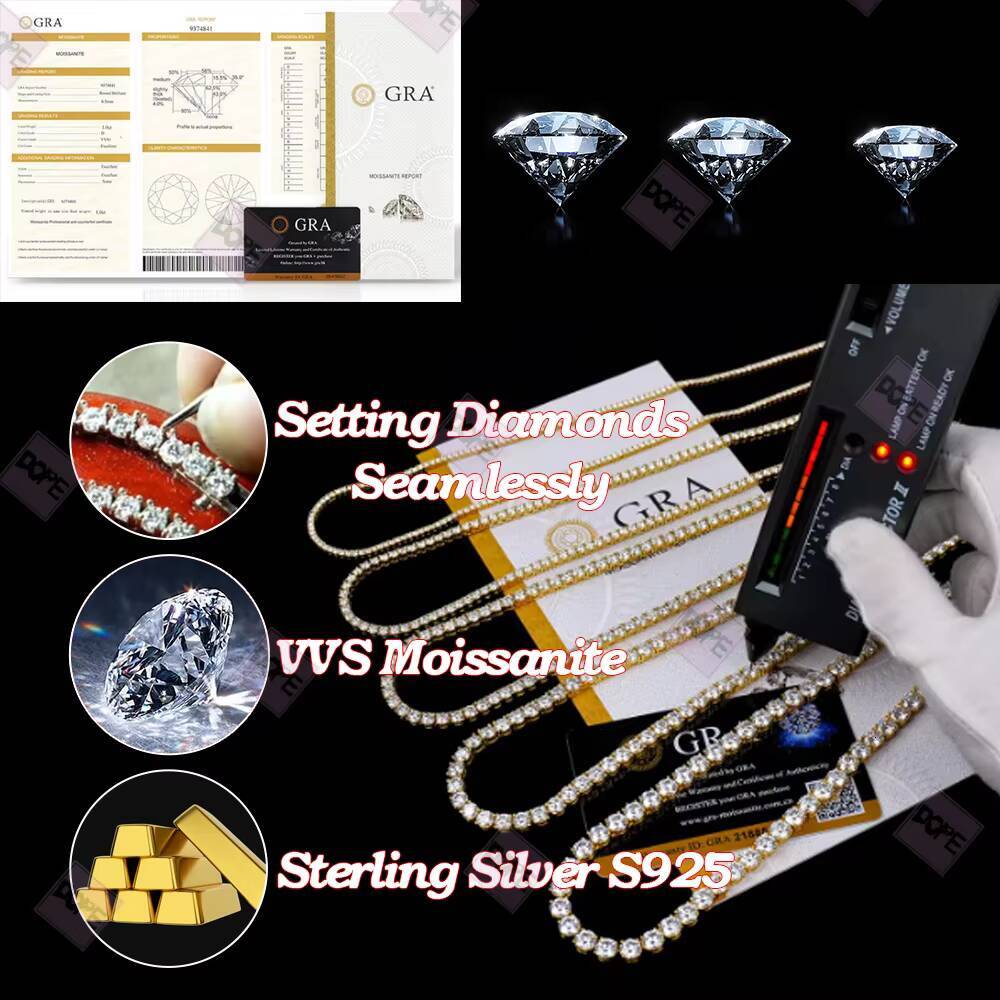 Trendy Size 3mm 4mm 5mm 6mm Iced Out Moissanite Chain 925 Silver Tennis Chain Hip Hop Moissanite Tennis Chain