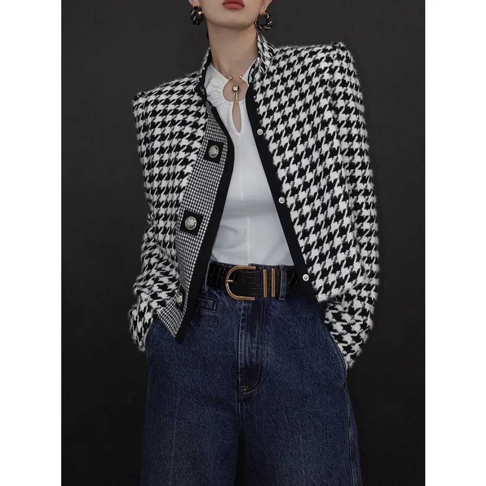 Womens Houndstooth Outerwears Jacket Stand Collar Long Sleeves Autumn Winter Fall Clothes 2024 Women Classics Coat Z250918