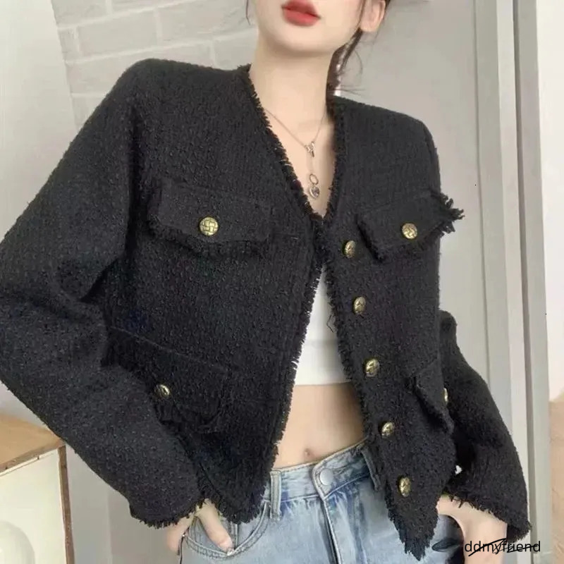 Ladies Jacket: Elegant Women's Short Tweed Jacket, Autumn Winter Woolen Cropped Black Outerwear, Slim Fit Streetwear Fashion ddmyfriend