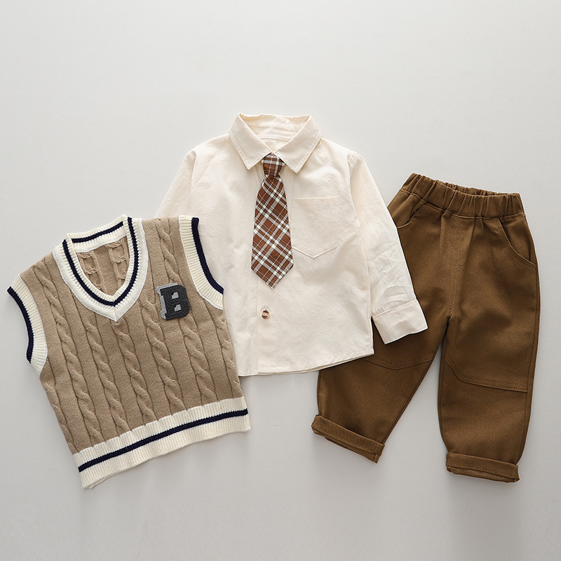 2025s New Autumn Boys' Outfit Stylish Preppy 3 Piece Set Sweater Vest Tie Shirt Spring Autumn Wear Clothing