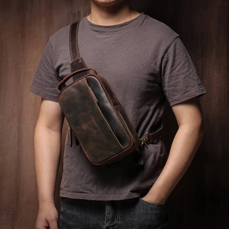 GURO Men's Higher Quality Chest Pack Vintage Genuine Leather Travel Sling Bag Male satchel Crazy Horse Cowhide Crossbody